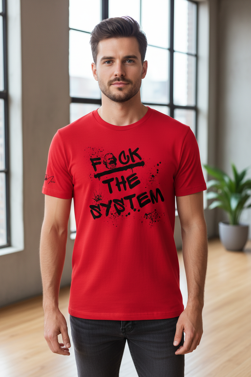 Red "f*ck the system" graphic unisex T-shirt by flyliving, featuring a skull and paint splatter details, worn by a man in dark jeans.
