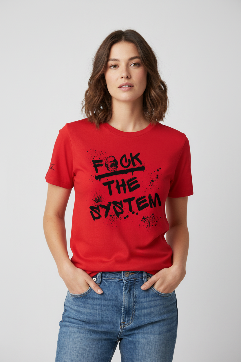 Red T-shirt by flyliving with a black "F*CK THE SYSTEM" graffiti print, including a Karl Marx face and splatters, modeled by a woman in jeans.