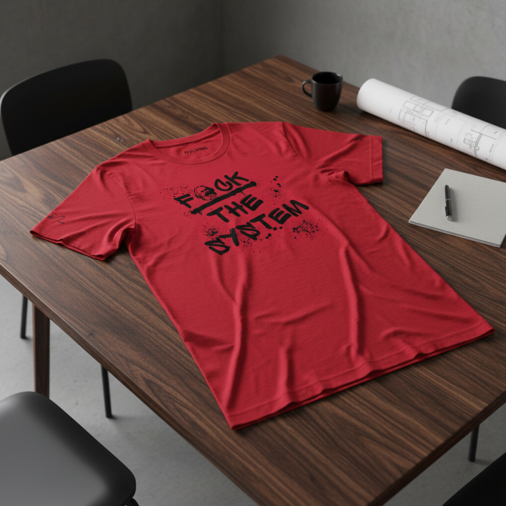 Red T-shirt with black graffiti 'F*CK THE SYSTEM' print by flyliving, lying flat on a dark wooden table with office items.