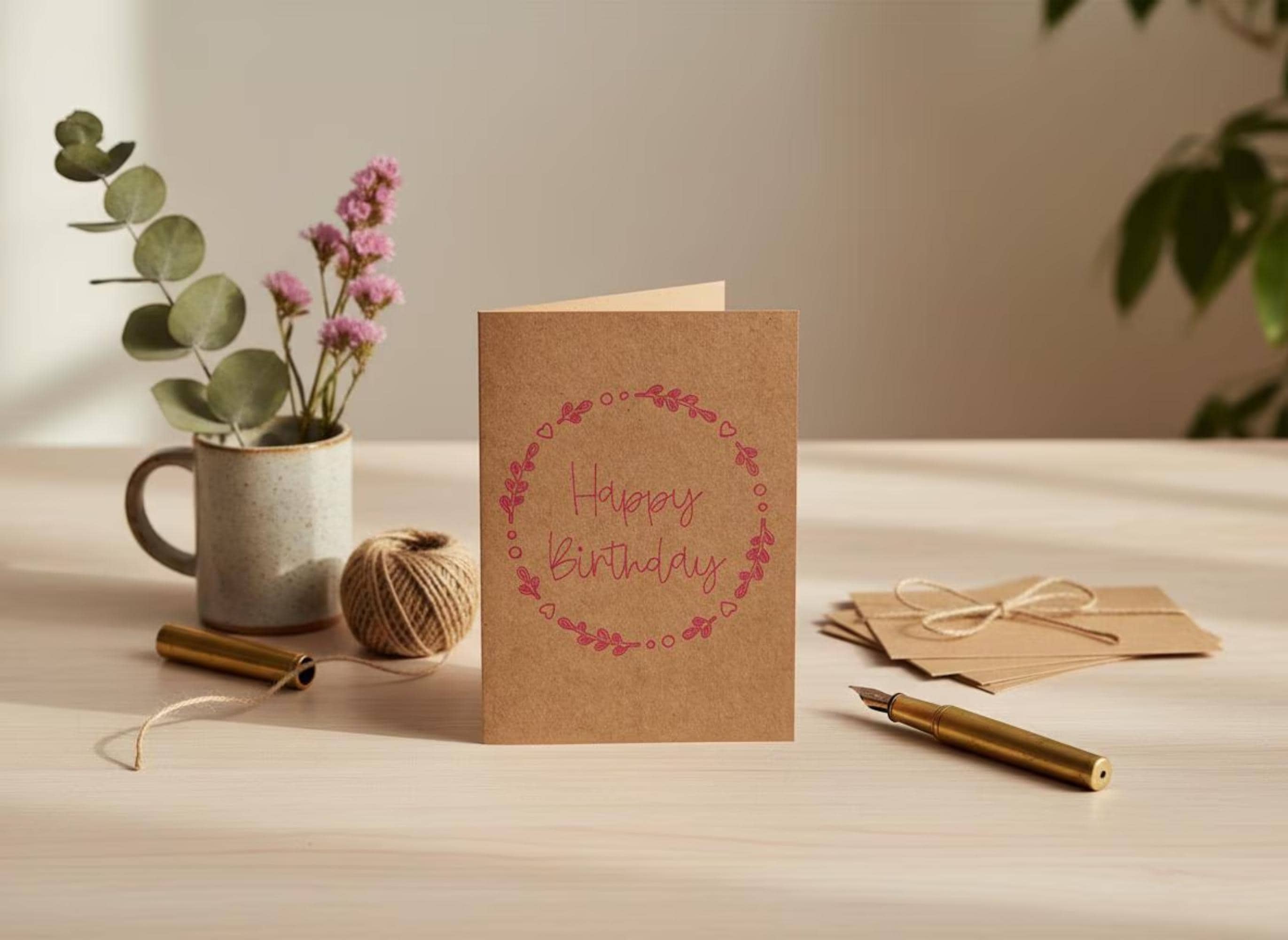 Schlichte Geburtstagskarte | Handgezeichnete Optik | Kraftpapier | Happy Birthday Schriftzug | Einlegekarte | DIN A6 | Stilvolles Design