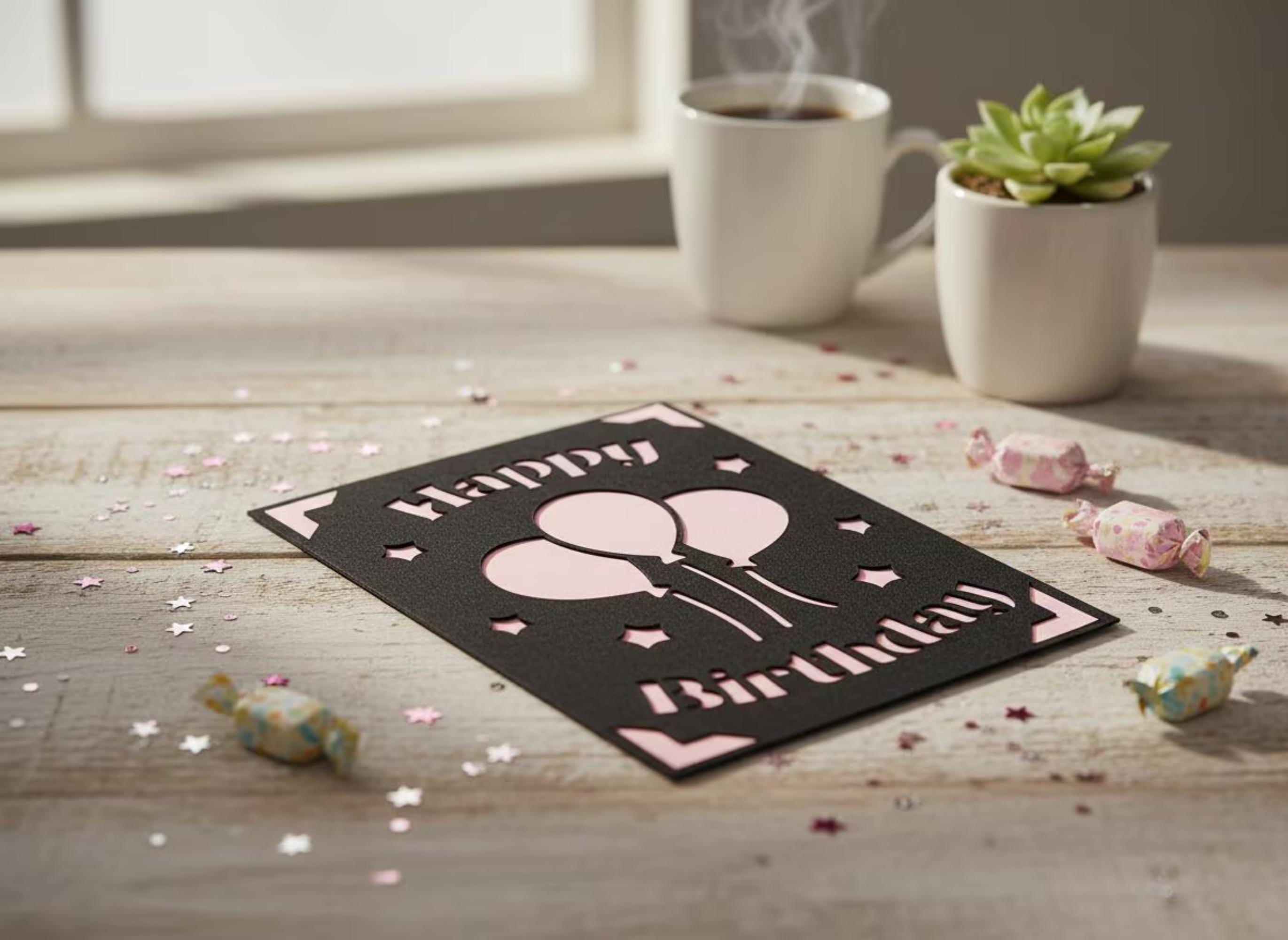 Geburtstagskarte mit Ballons | Handgemacht | Schwarzer Karton | Ausgestanztes Design | Einlegekarte in Wunschfarbe | A6