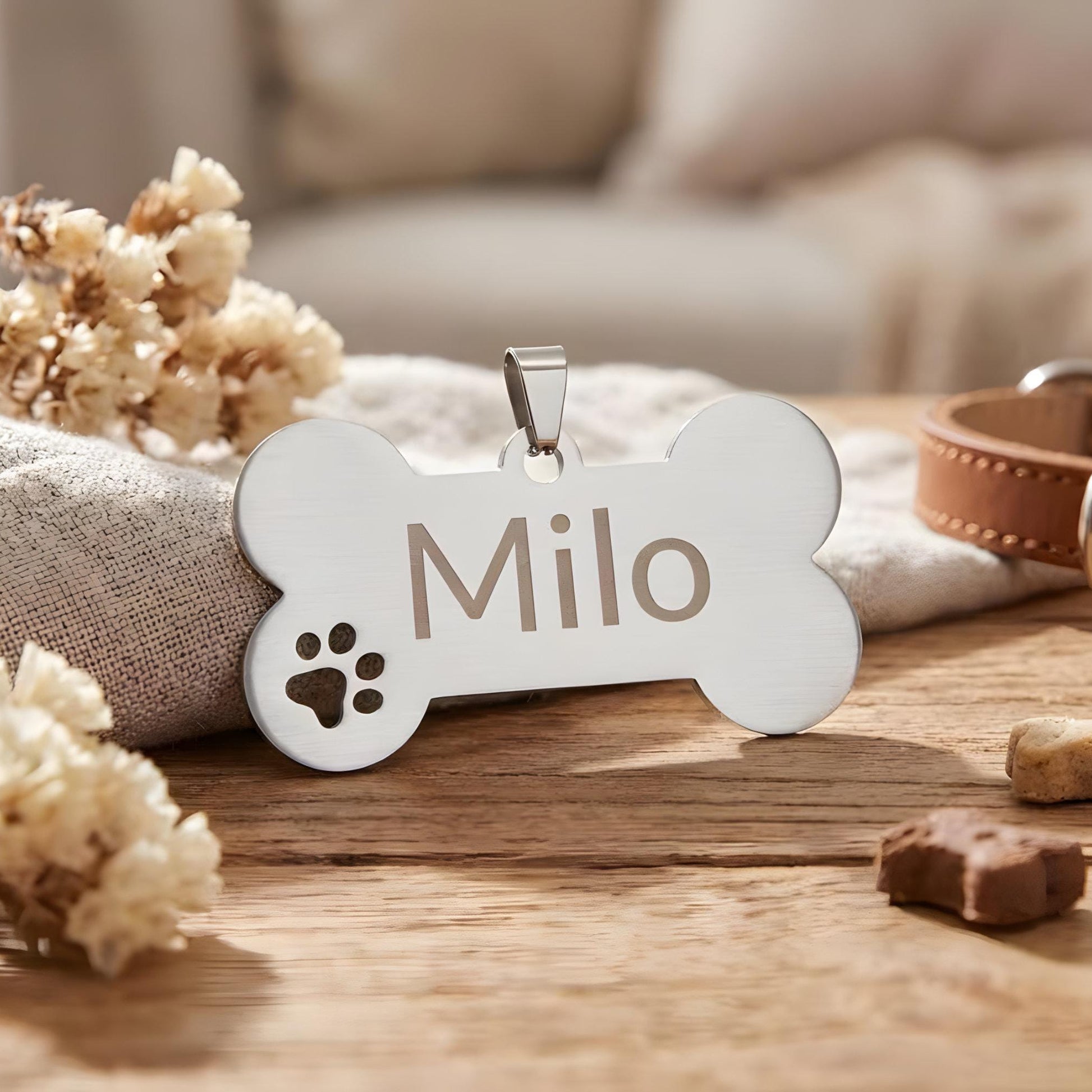 Personalisierte Hundemarke aus Edelstahl in Silber mit Gravur – Knochen Anhänger Pfote - für Hunde, glänzend