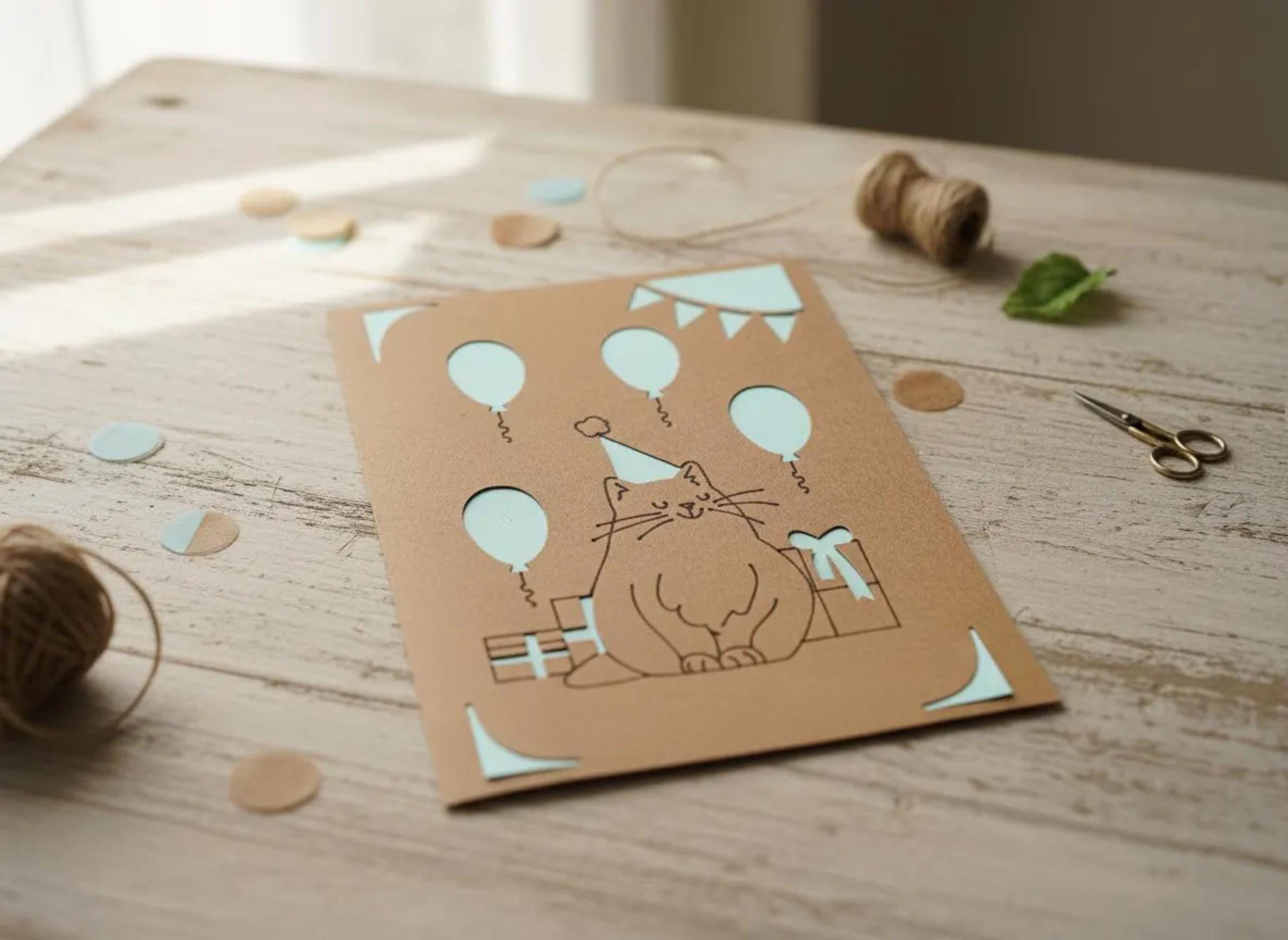 Geburtstagskarte Katze | Handgemachtes Design | Party-Motiv | Kraftpapier | Ausgestanzte Details | Einlegekarte | A6 | Liebevolle Grußkarte