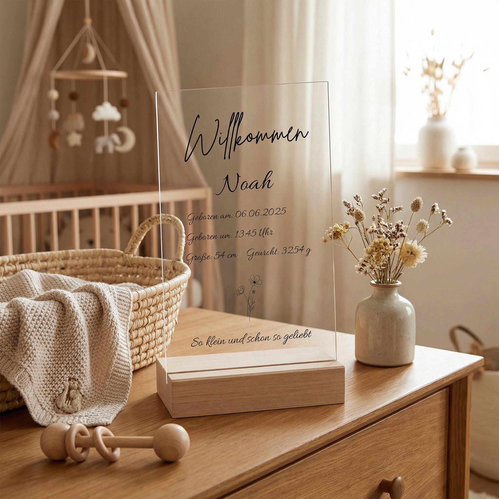 Personalisierte Acryl Tafel Geburt mit Holzsockel - Baby Daten Schild, Geschenk zur Babyshower, Kinderzimmer Deko