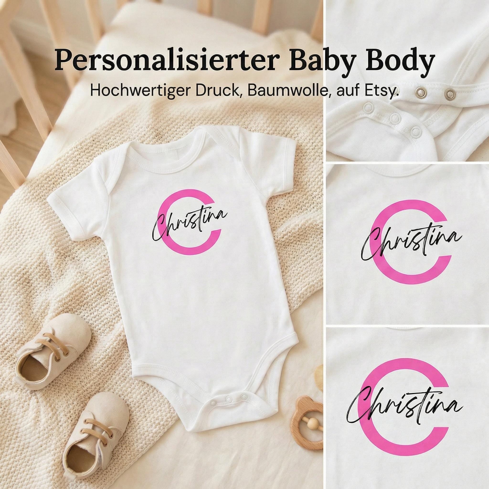 Personalisierter Babystrampler aus 100 % Bio-Baumwolle – nachhaltiger Baby Body, weiß, Geschenk zur Geburt & Babyparty