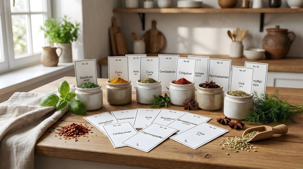 Gewürzetiketten, 65 Stück, minimalistisch, nummeriert, ideal für Weck-Gläser, selbstklebend, wasserfest, einzeln