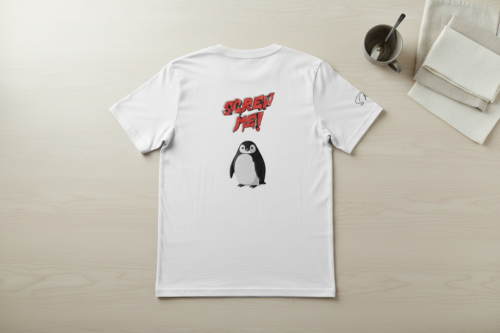 White cotton-stretch T-shirt by flyliving featuring a sarcastic penguin and "SCREW ME!" text on the back, laid flat.