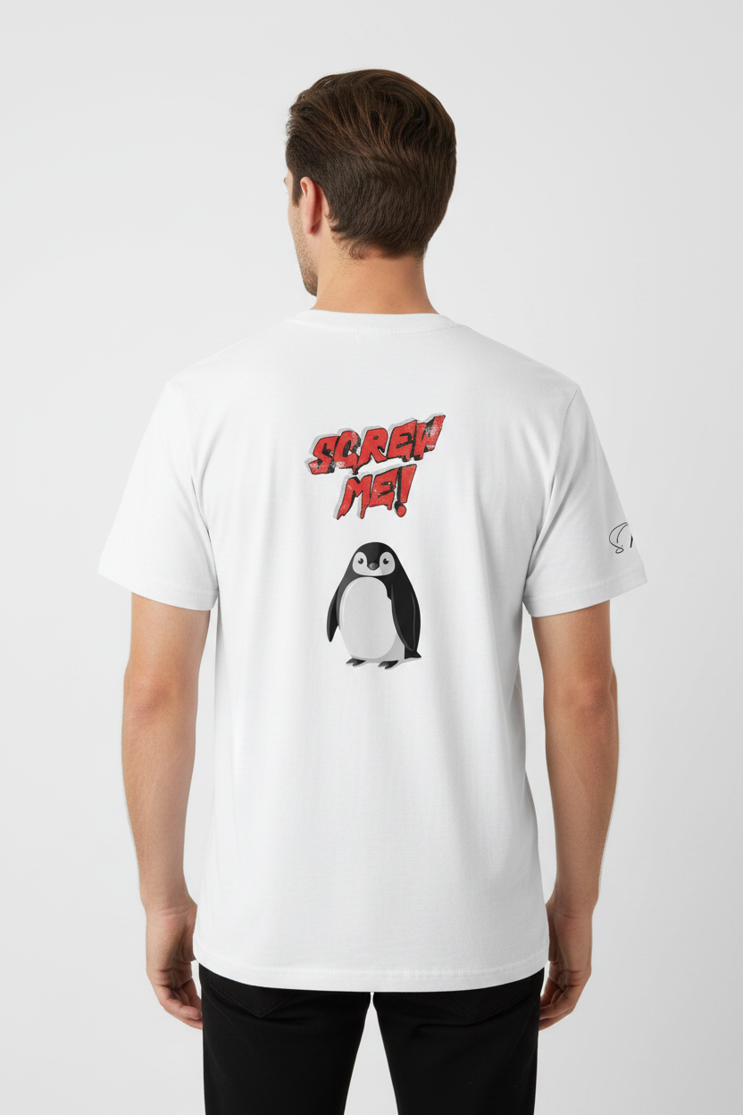 White cotton t-shirt by flyliving, featuring red distressed 'Screw Me!' text and a penguin graphic on the back.