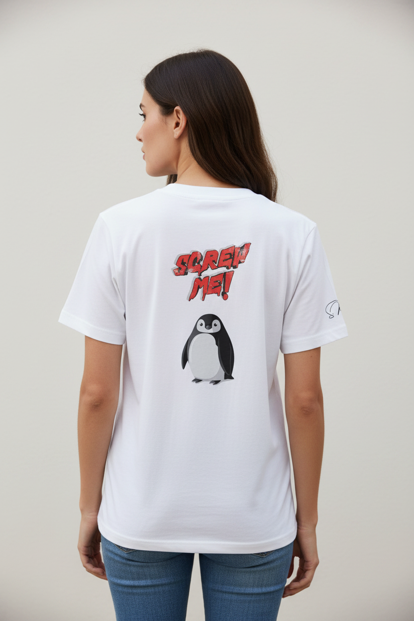 White T-shirt by flyliving featuring red "SCREW ME!" text and a penguin graphic on the back, worn by a model in blue jeans.