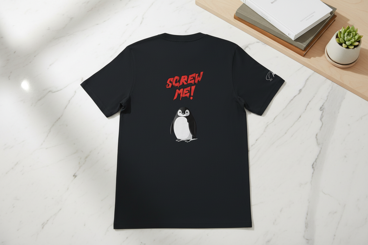 Black cotton-stretch T-shirt by flyliving with "Screw Me!" text, a penguin graphic, and a white logo on the sleeve, laid flat on white marble.