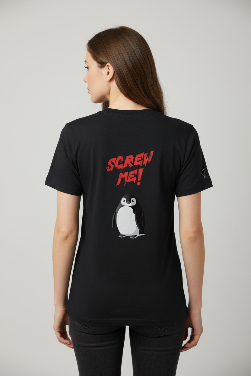Black cotton-stretch T-shirt by flyliving, featuring "SCREW ME!" in red text and a penguin graphic on the back, worn by a model.