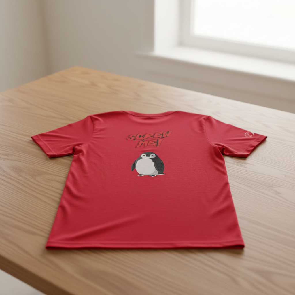 Red cotton-stretch T-shirt by flyliving with a "Screw Me!" penguin graphic, lying flat, back view, on a light wooden table.