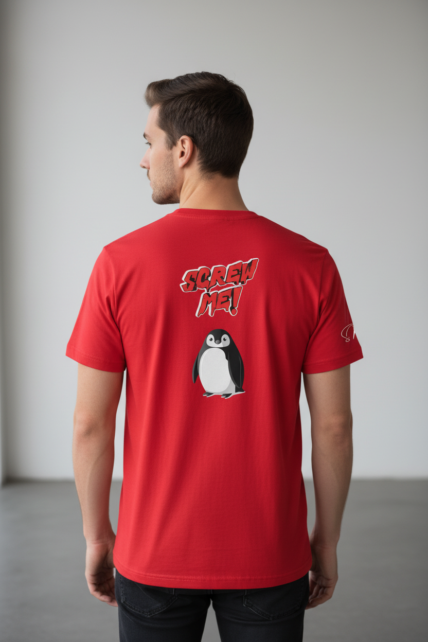 Red cotton-stretch unisex T-shirt by flyliving, featuring 'Screw Me!' text and a penguin on the back.