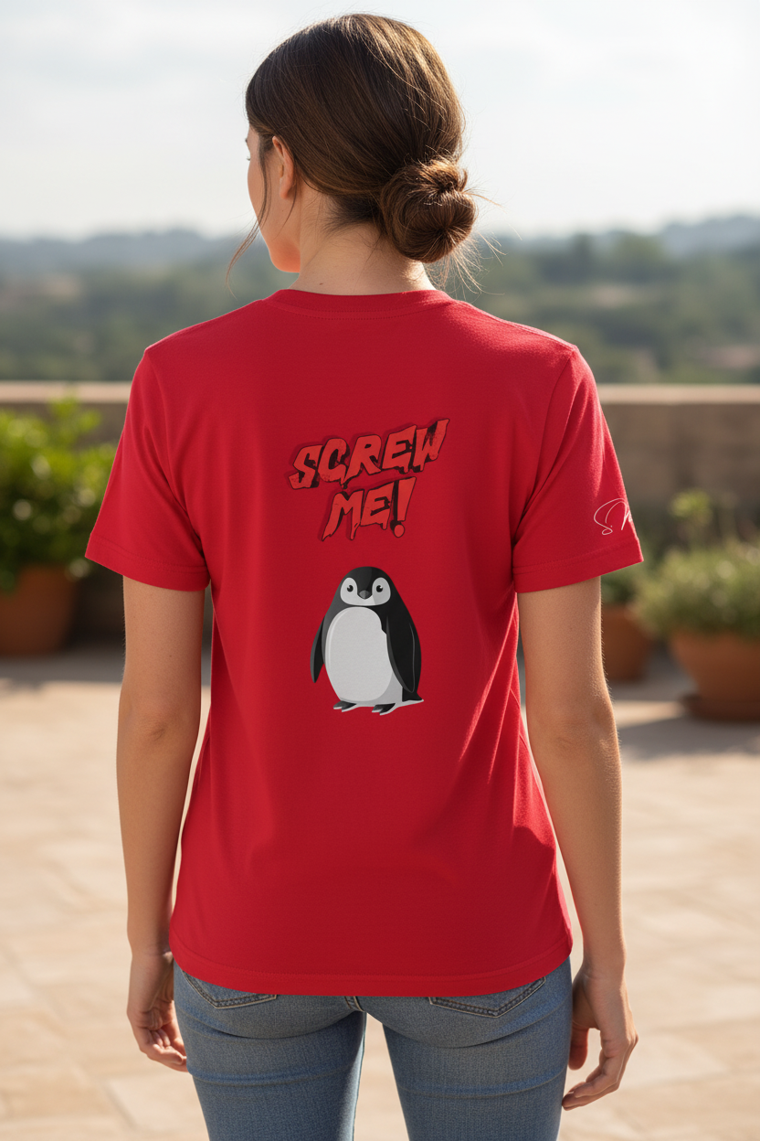 Red T-shirt with "Screw Me" text and a penguin graphic by flyliving, shown from the back on a model wearing blue jeans, outdoors.