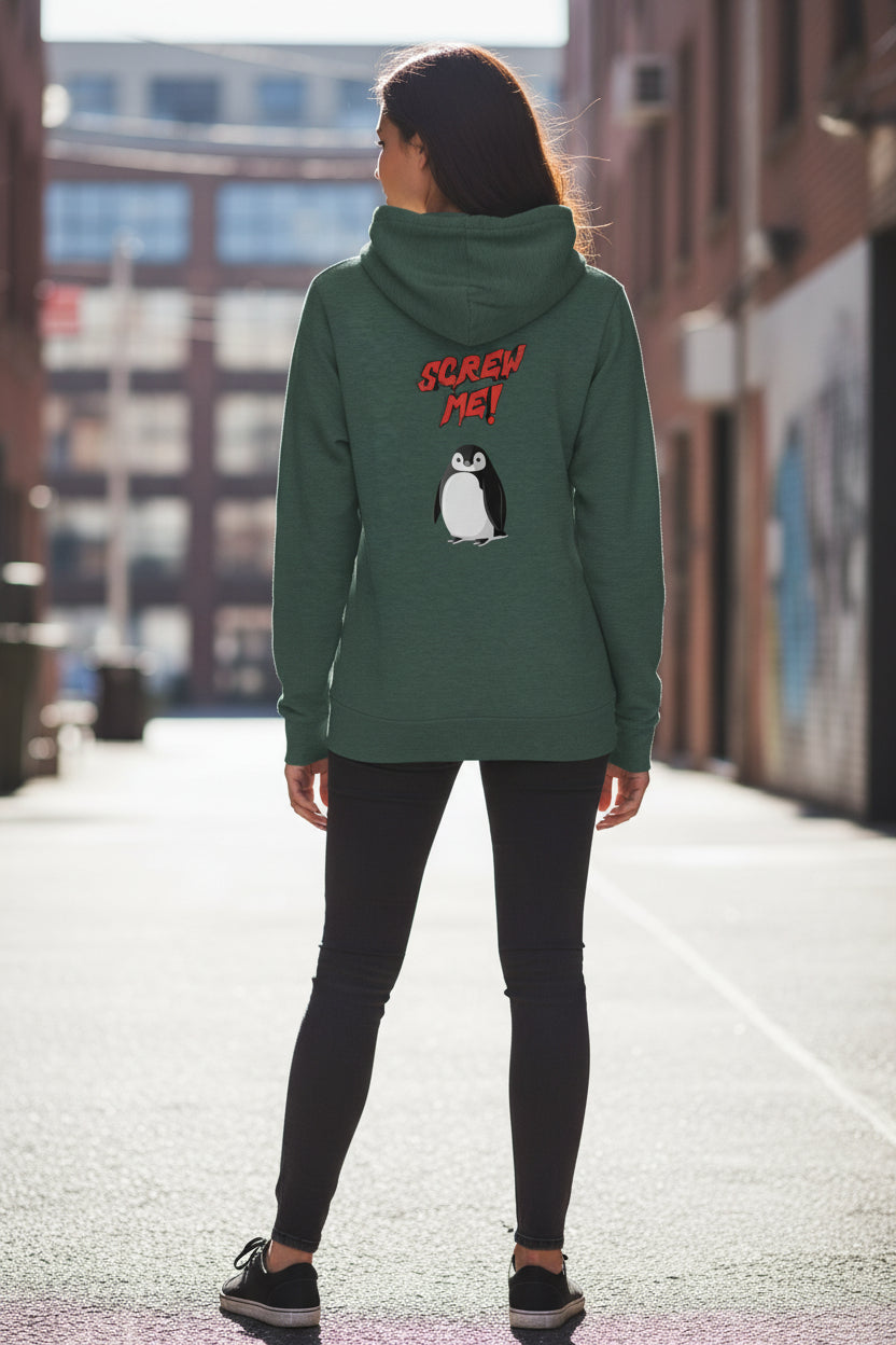 Dark green sponge-fleece unisex hoodie by flyliving with 'SCREW ME!' text and penguin graphic on back, shown on model.