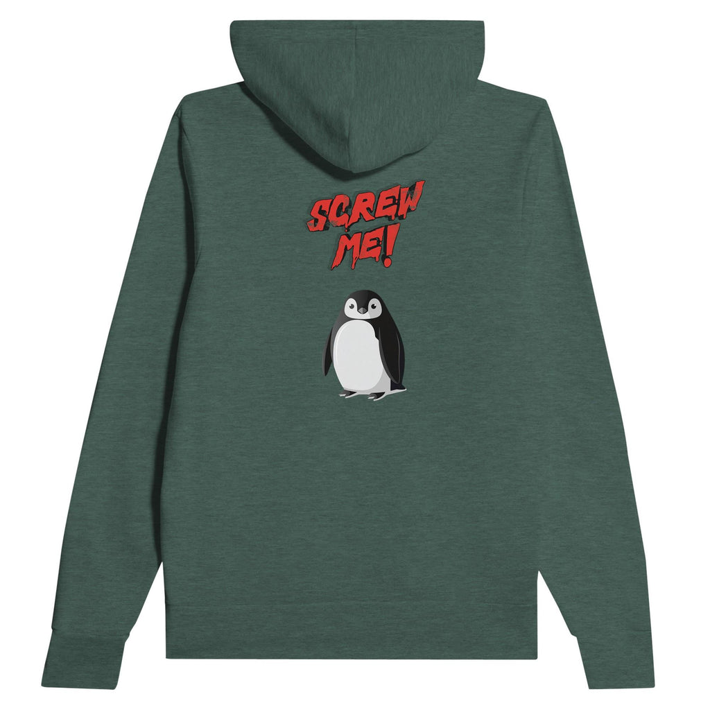 Dark green heathered unisex sponge fleece hoodie by flyliving with 'Screw ME!' text and a penguin graphic on the back.