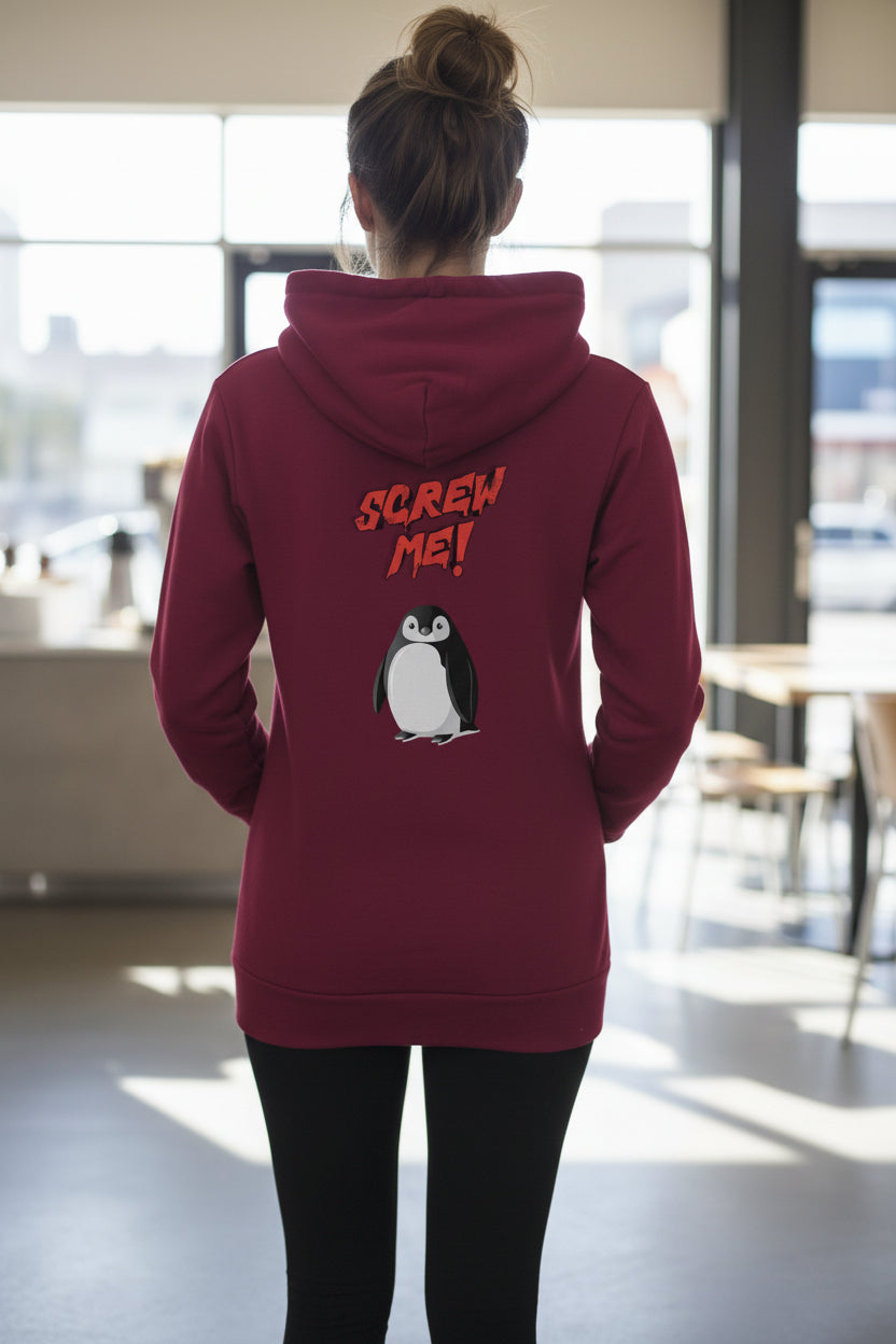 Unisex burgundy hoodie by flyliving, featuring jagged 'SCREW ME!' text and a penguin graphic on the back, worn by a person.