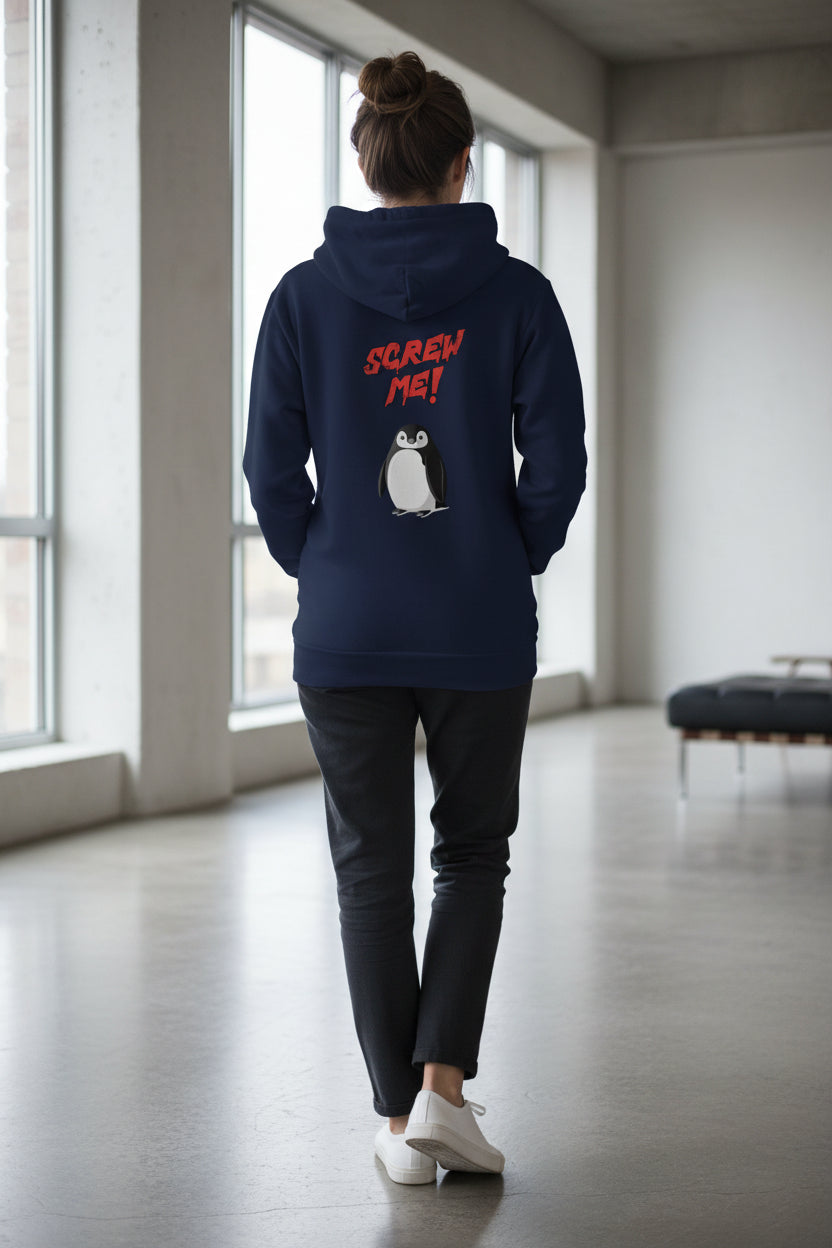 Navy blue Sponge-Fleece Unisex Hoodie by flyliving with red 'SCREW ME!' text and a cartoon penguin on the back, shown from behind.