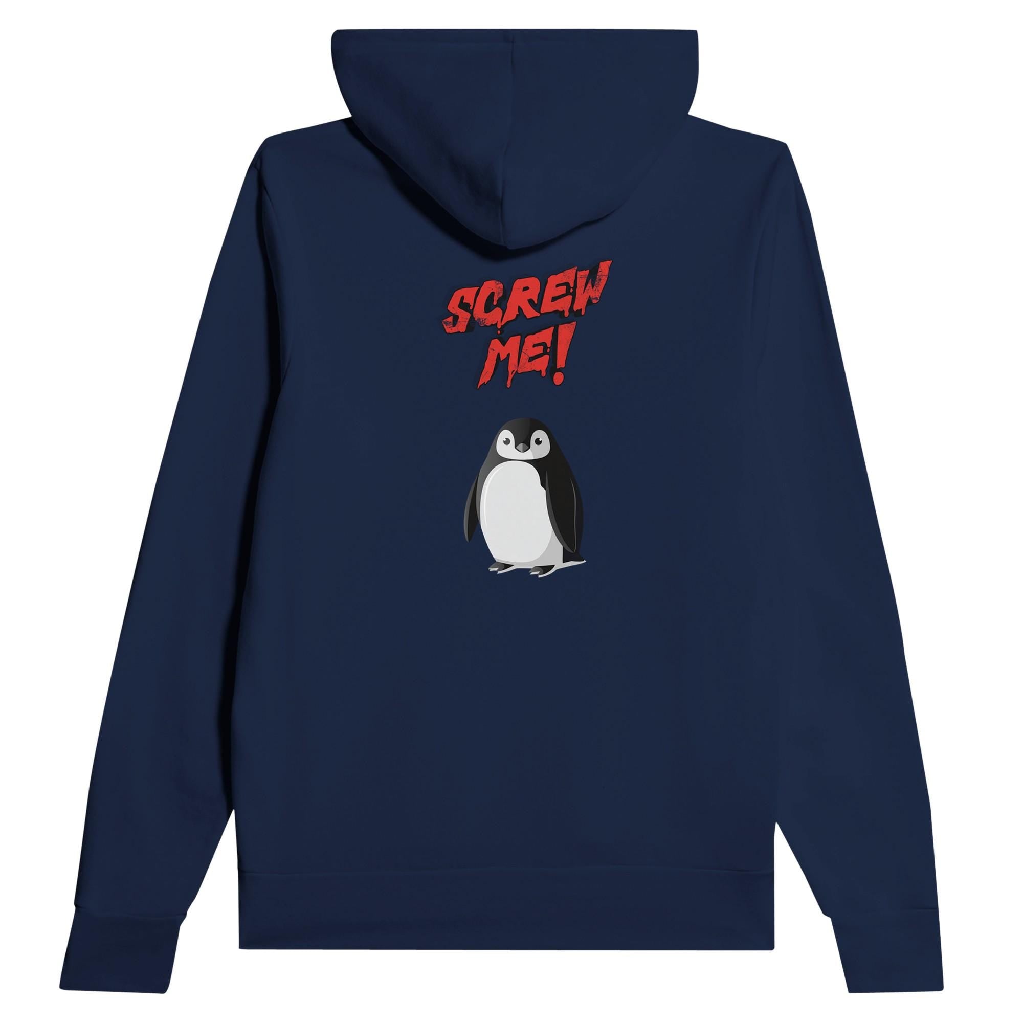 Navy blue fleece hoodie by flyliving with "SCREW ME!" text and a cartoon penguin on the back.