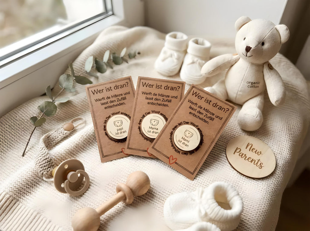 Entscheidungsmünze Eltern – „Mama / Mami / Papa / Papi ist dran“ – witziges Geschenk Geburt & Babyparty, Windelwechseln, Holz