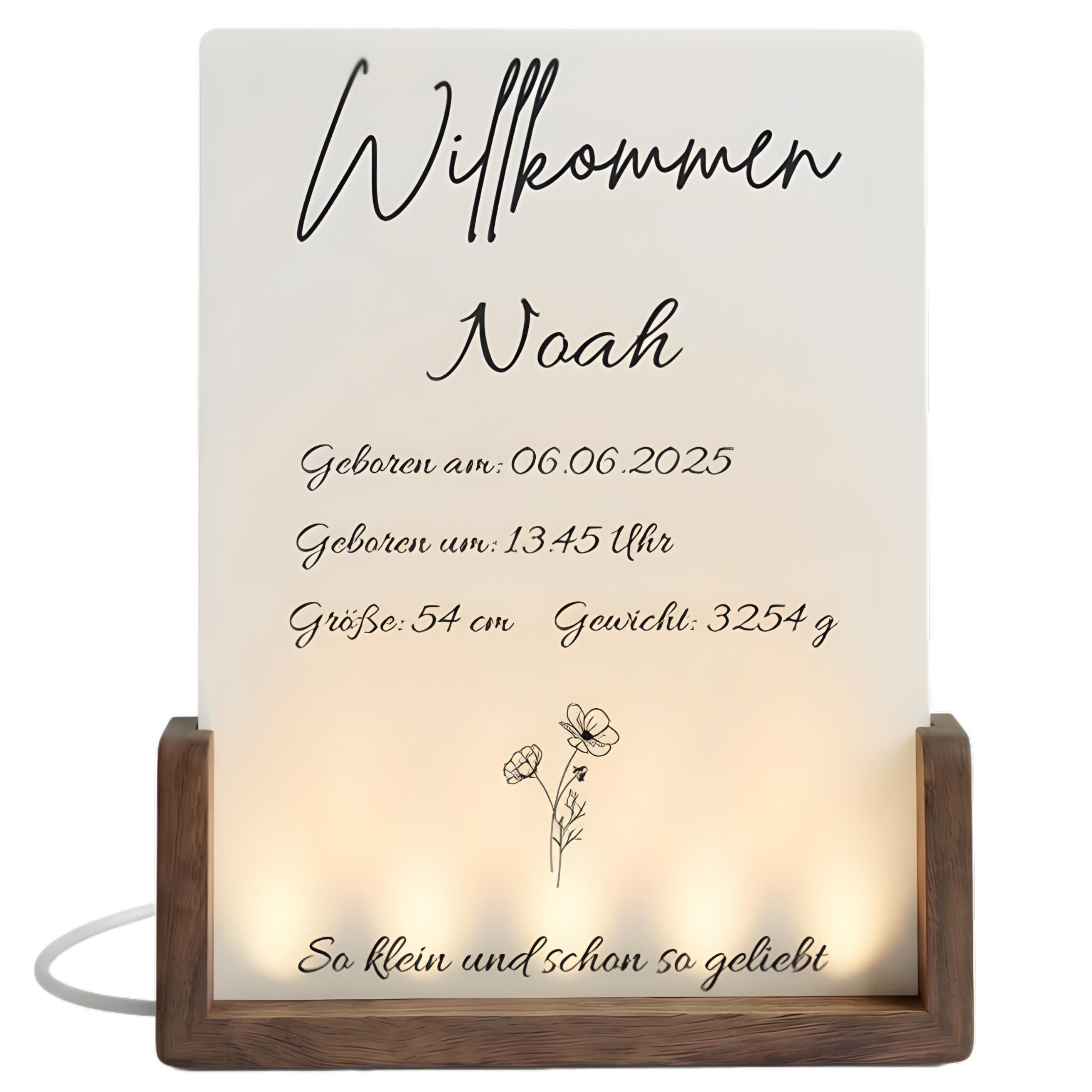 Personalisierter LED-Bilderrahmen zur Geburt – Nachtlicht mit Namen & Geburtsdaten aus Acryl und Holz, Geschenk zur Geburt and Taufe fürs Ba