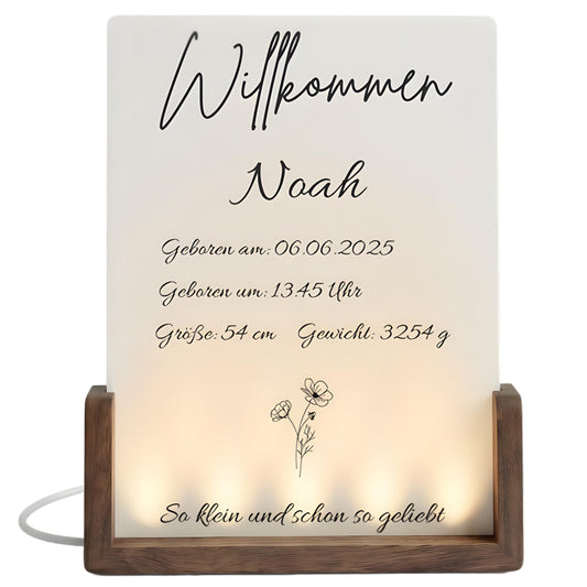 Personalisierter LED-Bilderrahmen zur Geburt – Nachtlicht mit Namen & Geburtsdaten aus Acryl und Holz, Geschenk zur Geburt and Taufe fürs Ba