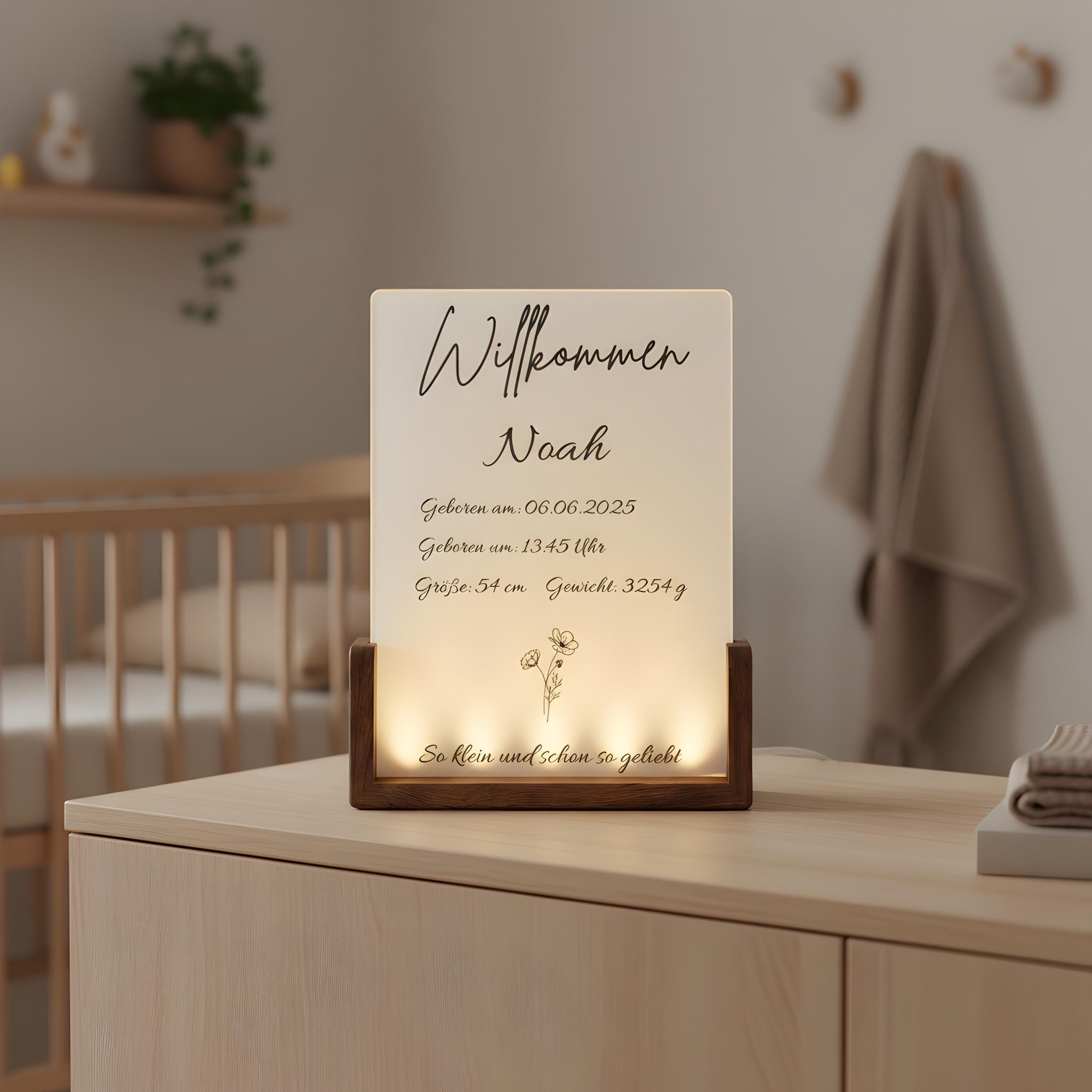 Personalisierter LED-Bilderrahmen zur Geburt – Nachtlicht mit Namen & Geburtsdaten aus Acryl und Holz, Geschenk zur Geburt and Taufe fürs Ba
