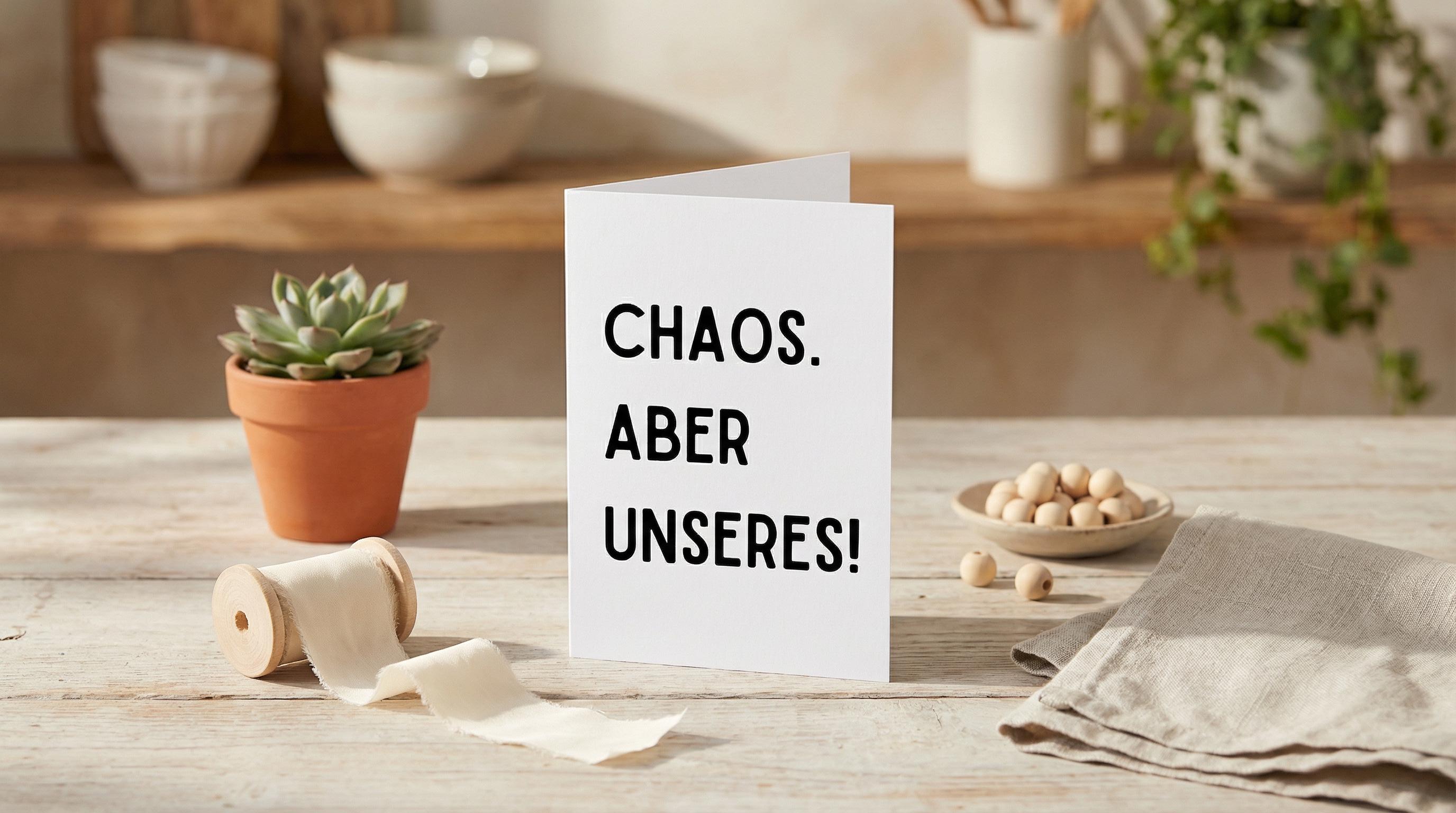 Geschenkkarte Chaos. Aber Unseres! – Faltkarte für Familien, Paare, witziger Spruch, Grußkarte, Geburtstag, Freundschaft