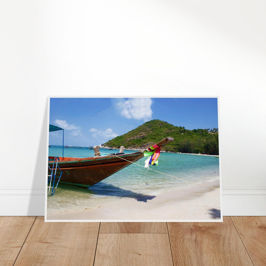Gerahmtes Bild Longtailboot auf Koh Pangan - Edles Wandkunstwerk für dein Zuhause