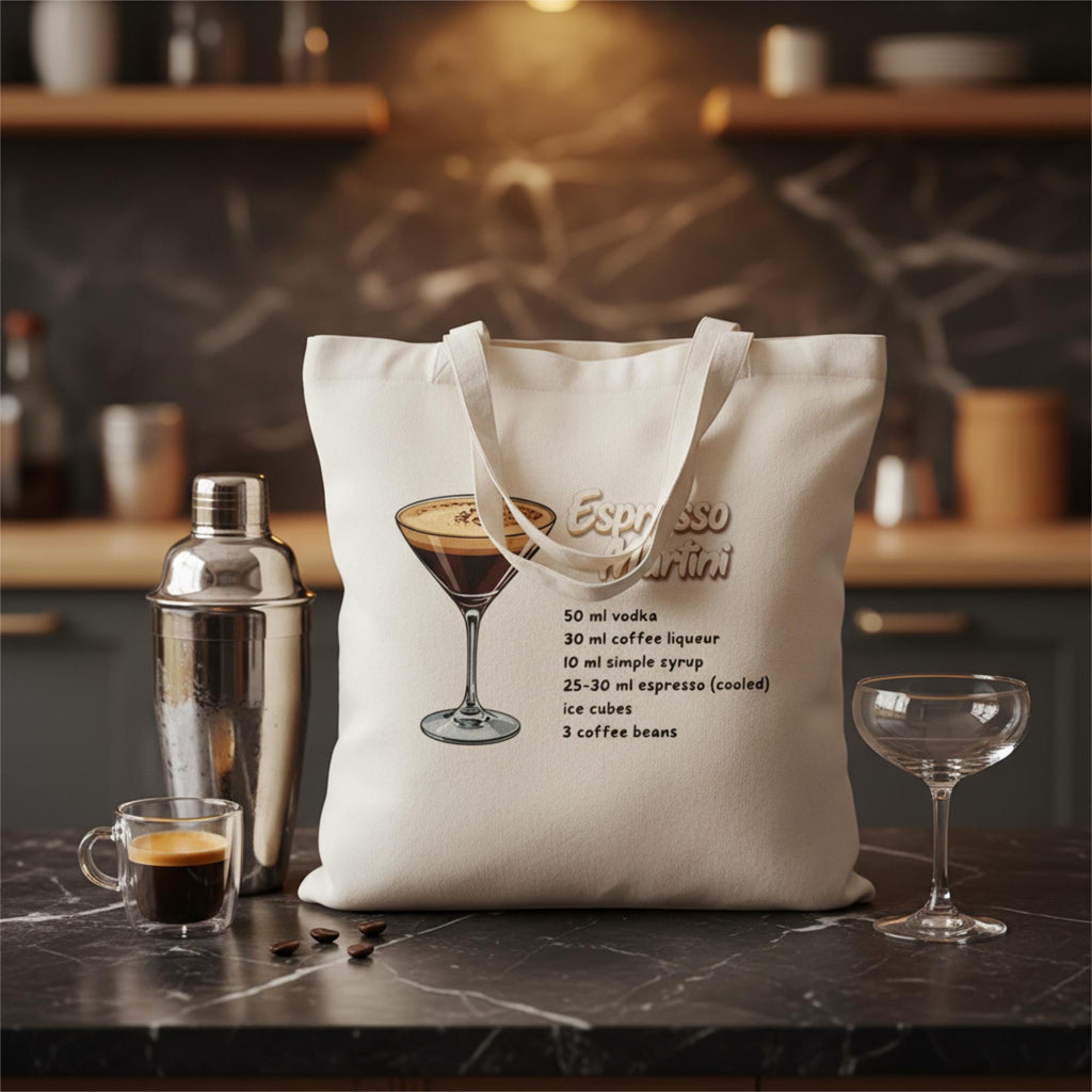 Lustiger Espresso Martini Jutebeutel mit Rezept | Sarkastischer Spruch | Bio Baumwolle Tasche | Geschenkidee für Cocktail-Liebhaber