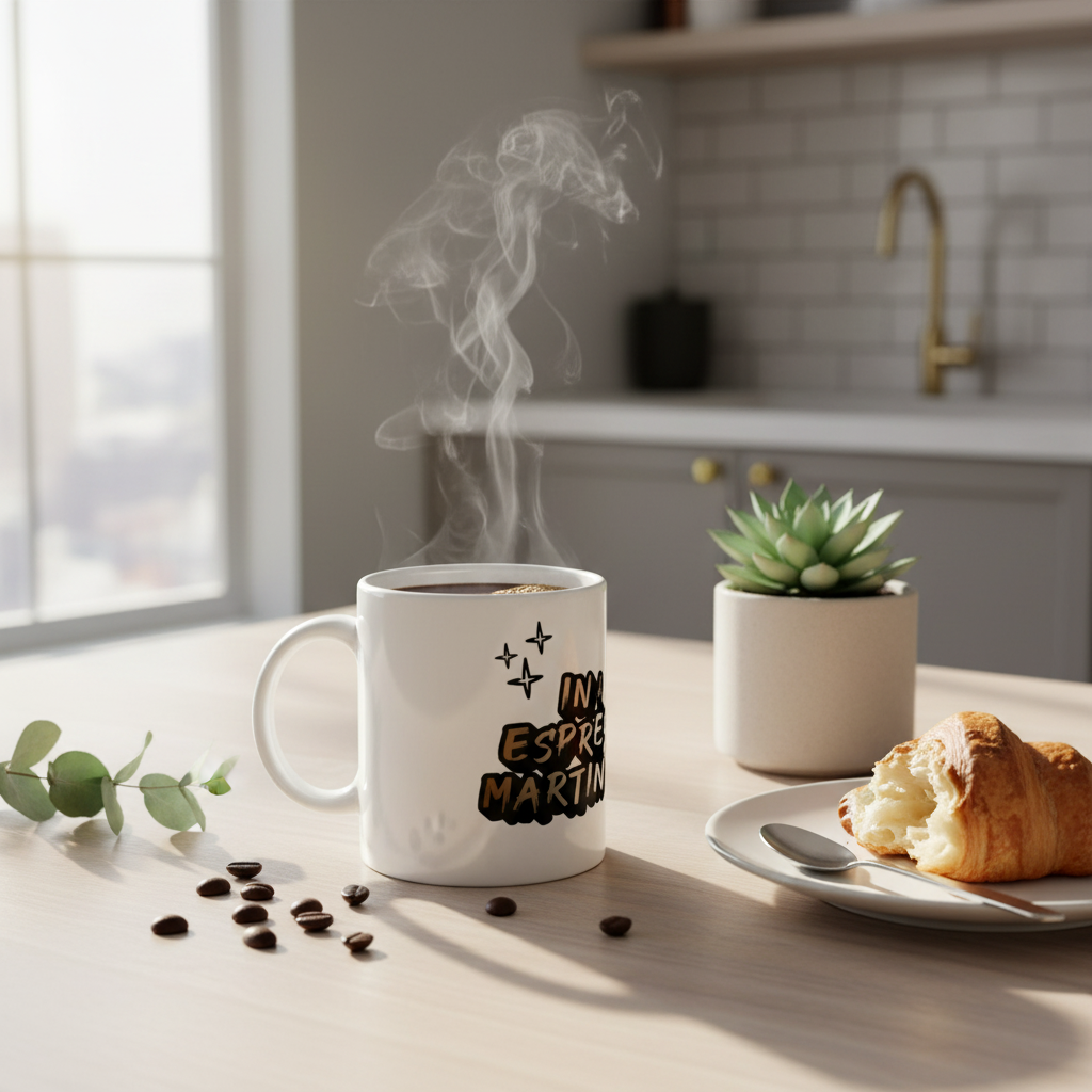 White ceramic mug by flyliving featuring "In my espresso martini era" text, with steam, coffee beans, and a croissant.