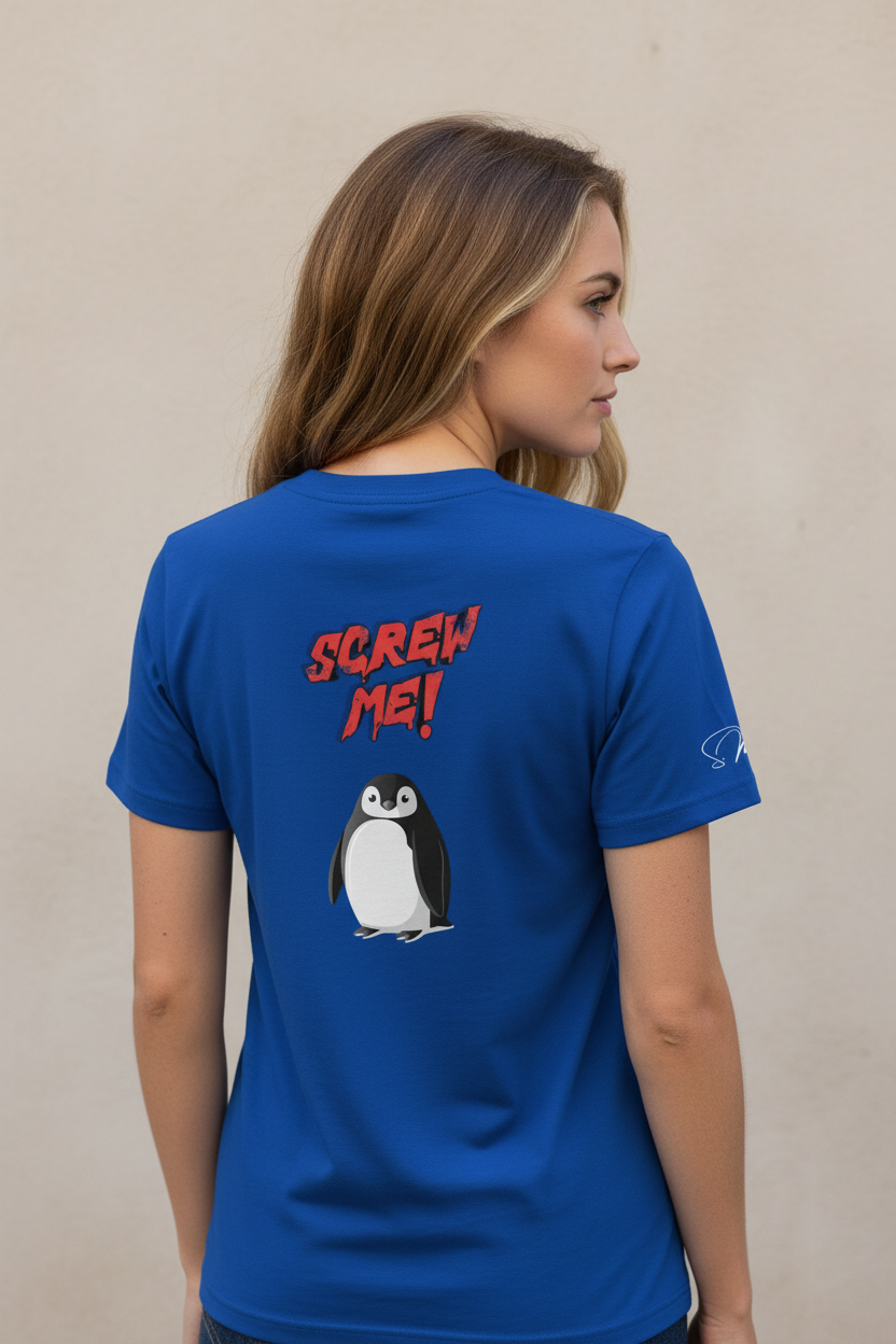 Blue cotton-stretch T-shirt by flyliving with red 'Screw Me!' text and a penguin graphic on the back, worn by a woman.