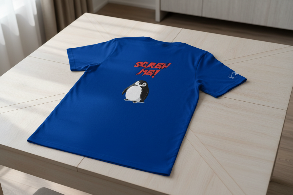 Blue T-shirt by flyliving with a 'Screw Me' penguin graphic and red text on the back, laid flat.