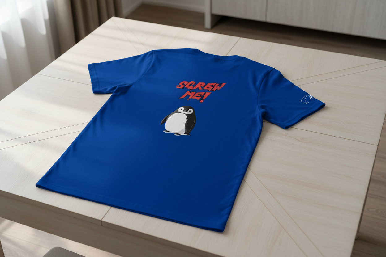 Blue T-shirt by flyliving with a 'Screw Me' penguin graphic and red text on the back, laid flat.