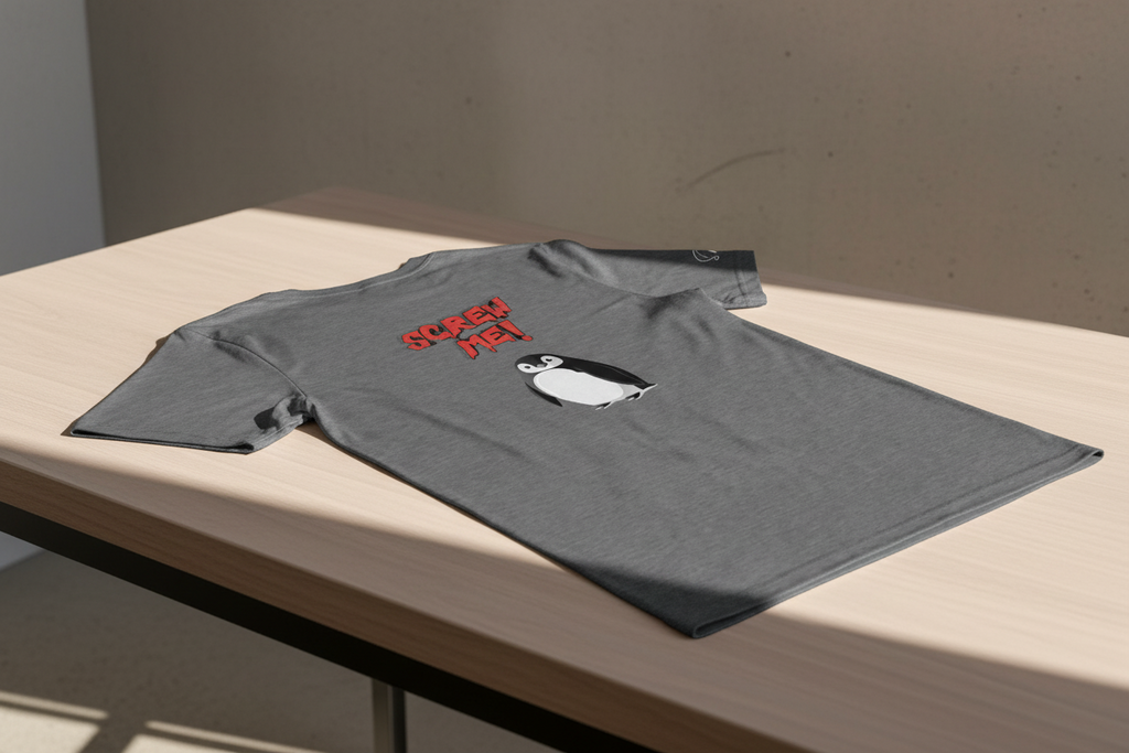 Dark grey cotton stretch T-shirt by flyliving with red 'Screw Me!' text and a cartoon penguin lying on its belly, laid flat on a light wood table.