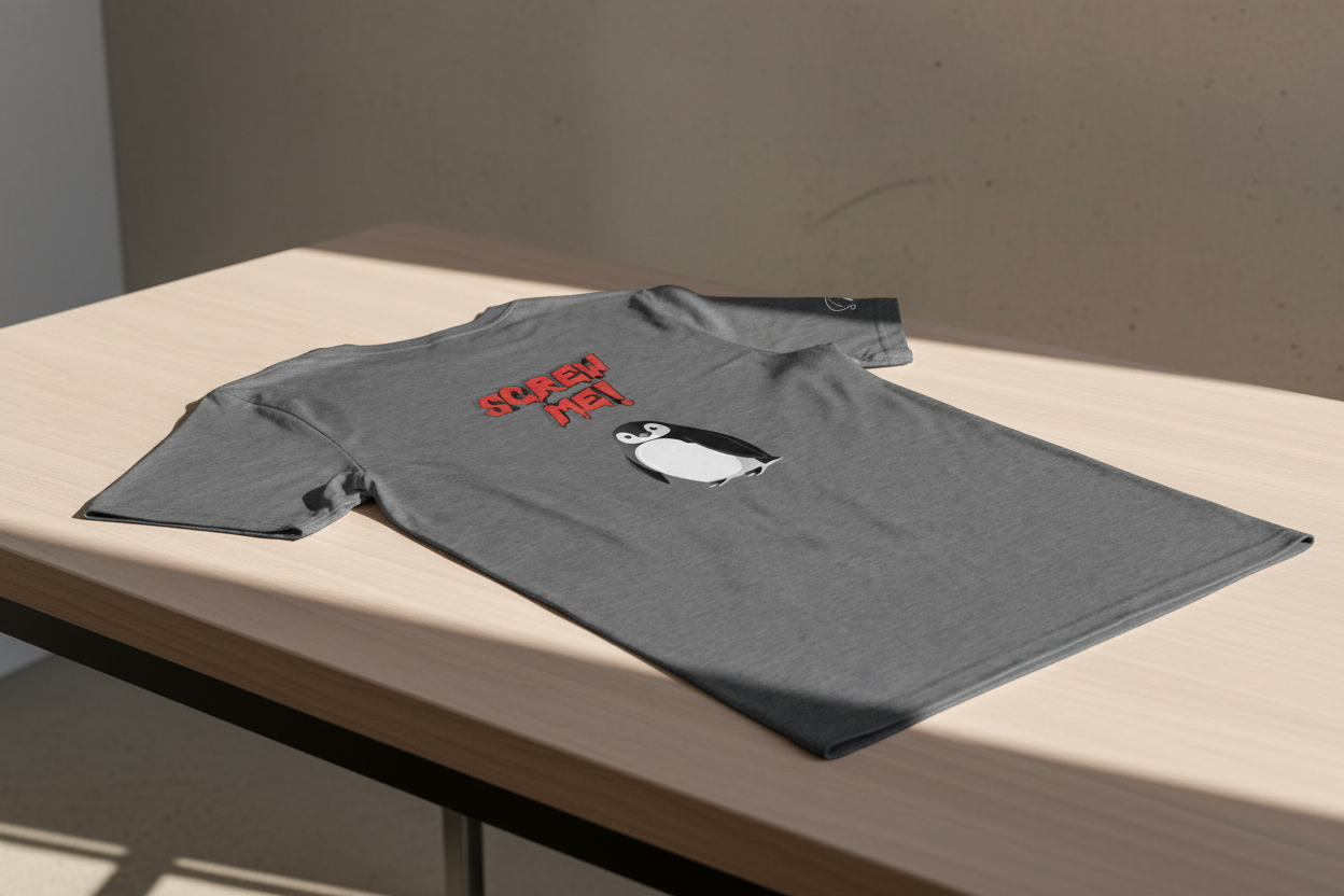 Dark grey cotton stretch T-shirt by flyliving with red 'Screw Me!' text and a cartoon penguin lying on its belly, laid flat on a light wood table.