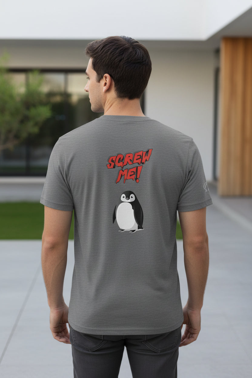 Grey cotton stretch T-shirt by flyliving with red 'Screw Me!' text and a penguin graphic on the back, worn by a man.