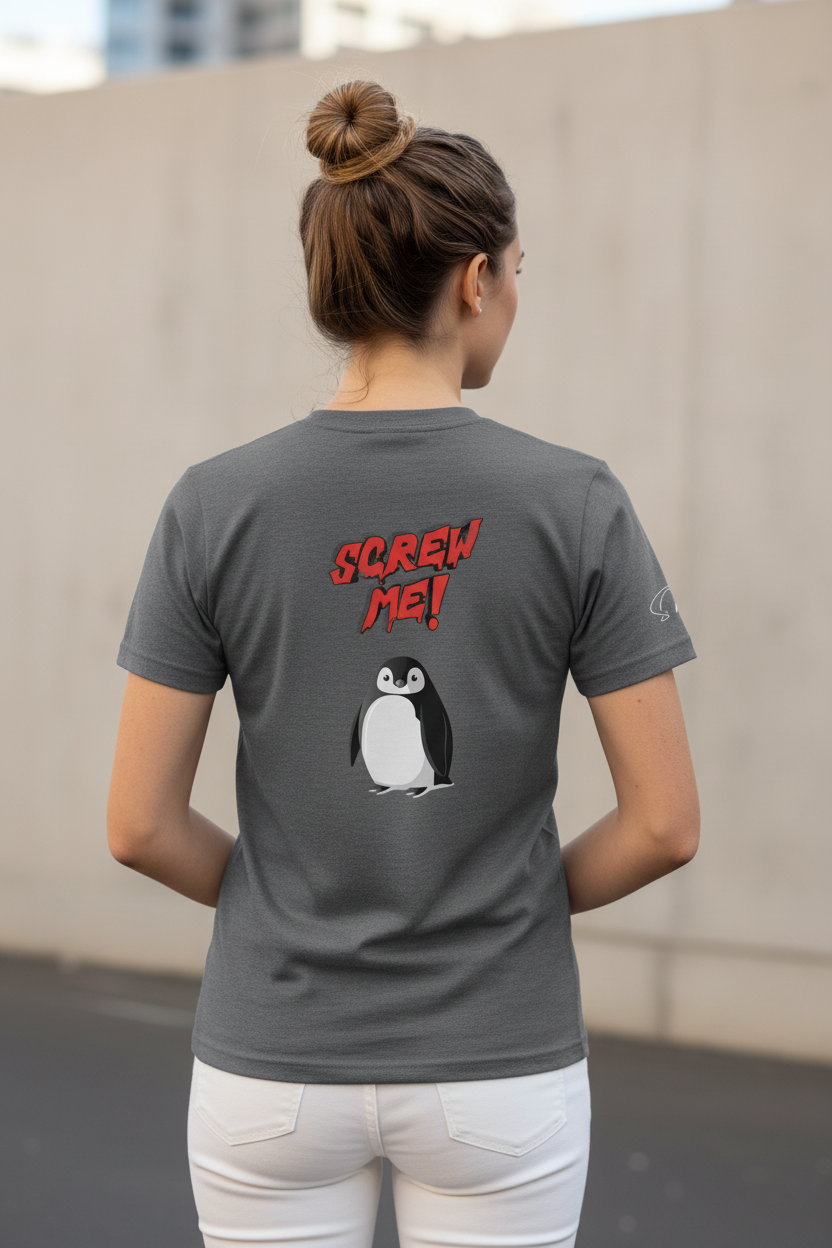 Charcoal grey cotton-stretch T-shirt by flyliving with red "SCREW ME!" text and a cartoon penguin graphic, shown from the back on a woman.