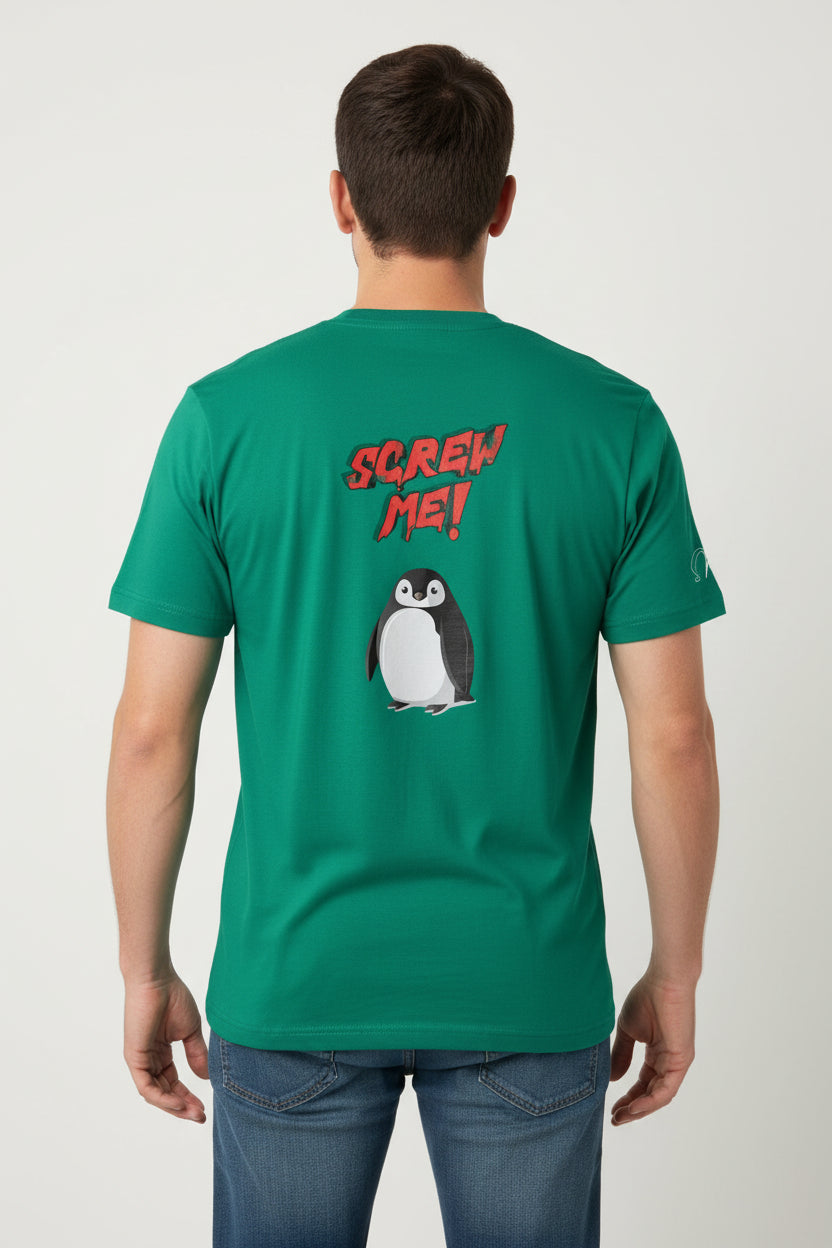 Green cotton-stretch T-shirt by flyliving featuring "Screw Me!" text and a cartoon penguin graphic on the back, worn by a man.
