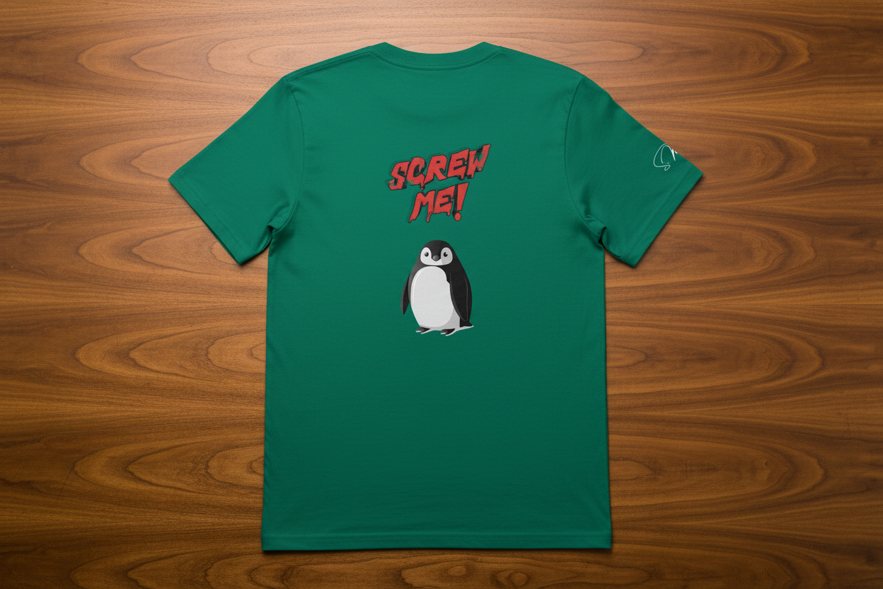 Green cotton-stretch T-Shirt by flyliving with "SCREW ME!" text and a penguin graphic on the back.