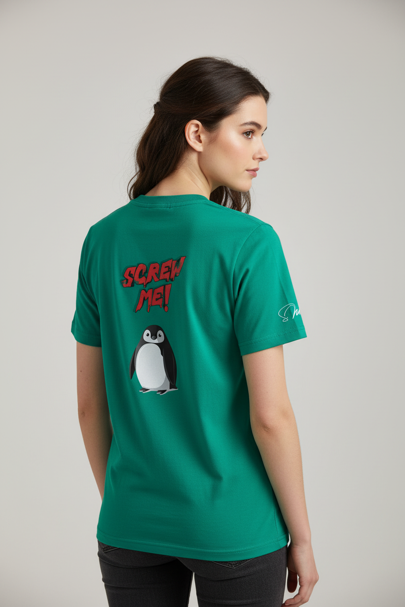 Green cotton-stretch unisex T-shirt by flyliving, featuring "Screw Me!" text and a penguin graphic on the back.