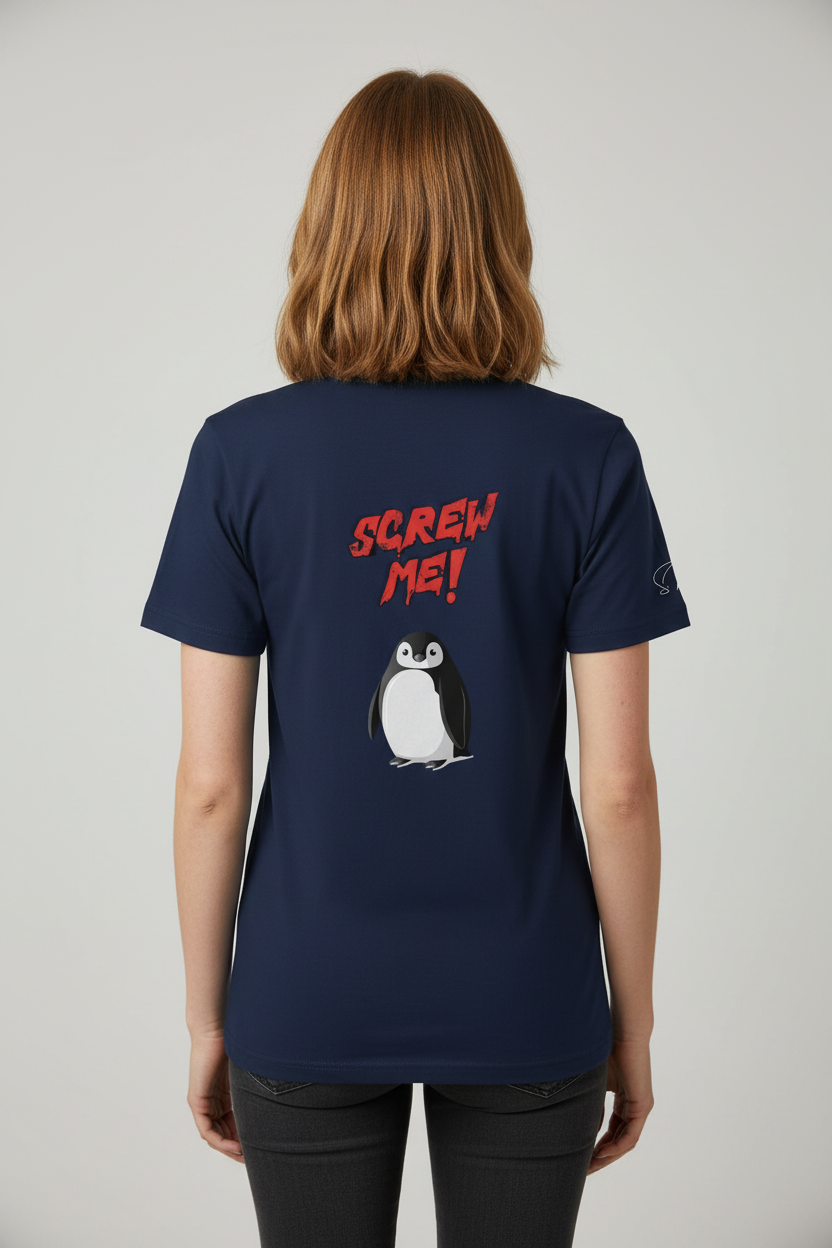 Navy blue cotton-stretch T-shirt by flyliving, featuring "SCREW ME!" text and a penguin graphic on the back.