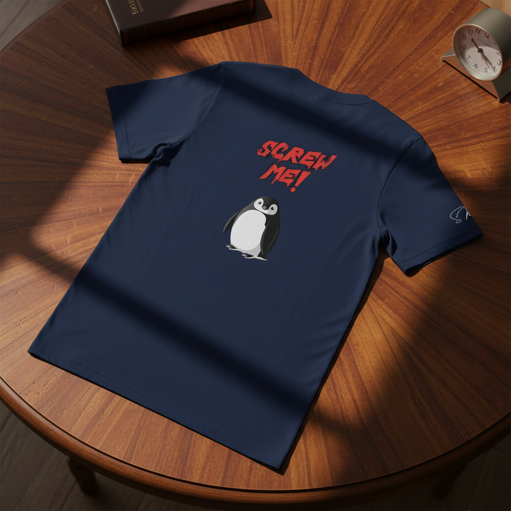 Navy blue T-shirt by flyliving with a red 'SCREW ME!' text and a cartoon penguin graphic on the back.