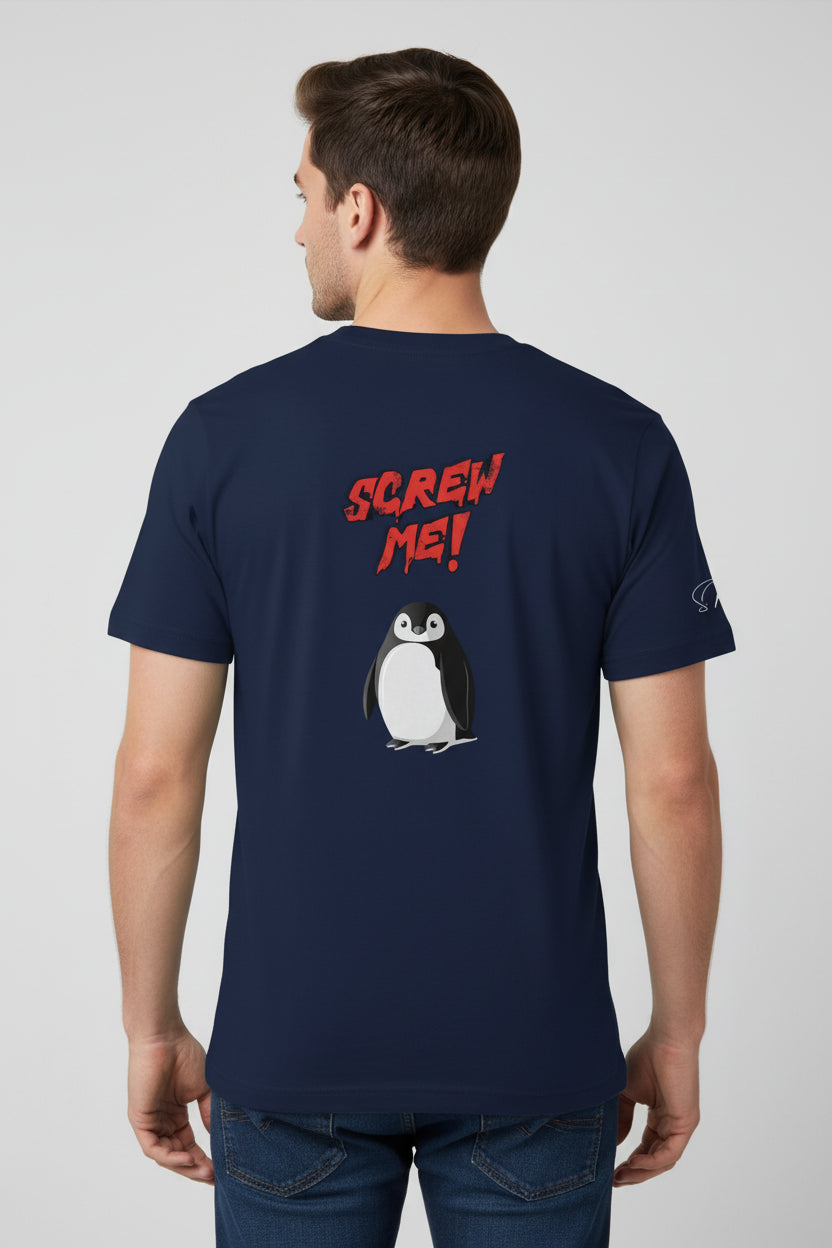 Navy blue T-shirt by flyliving, back view, featuring a cartoon penguin below distressed red 'SCREW ME!' text, worn by a man.