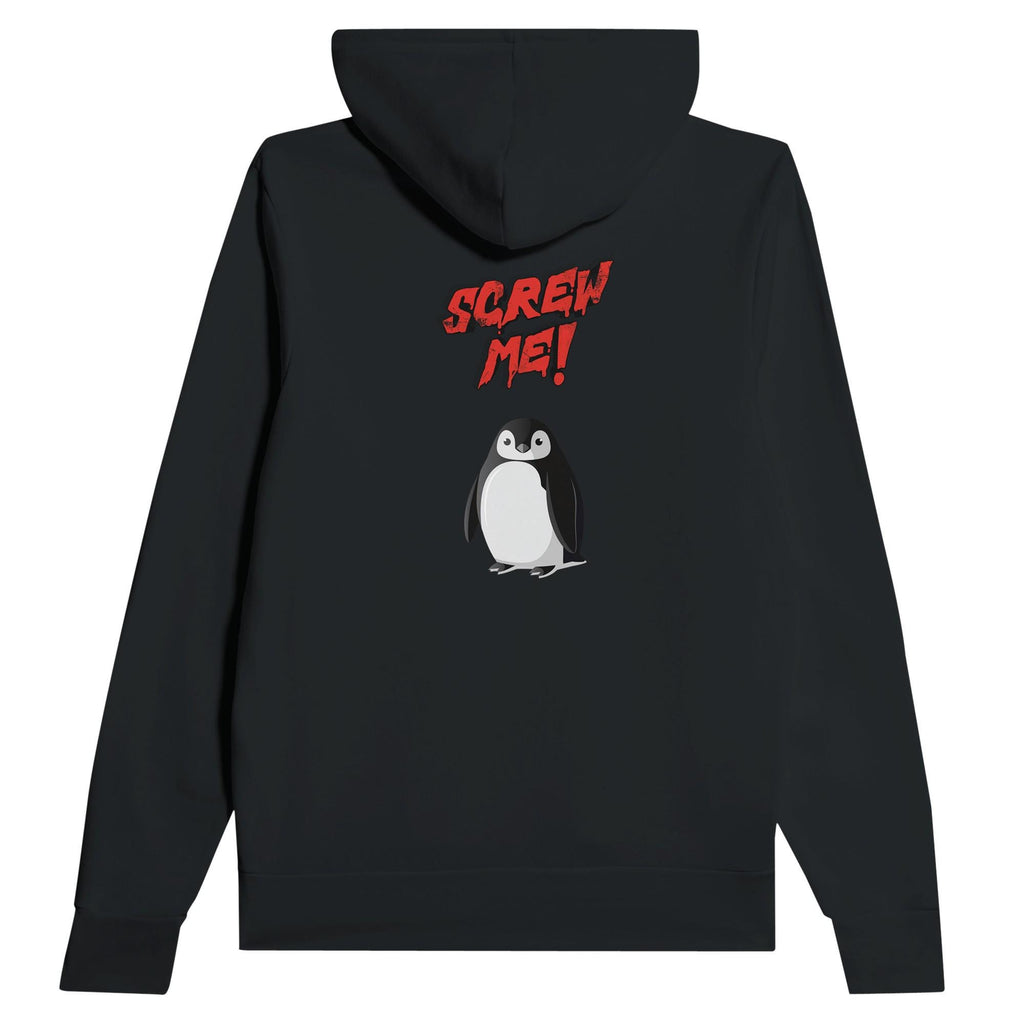 Black unisex hoodie by flyliving with red 'SCREW ME!' text and a cartoon penguin on the back.