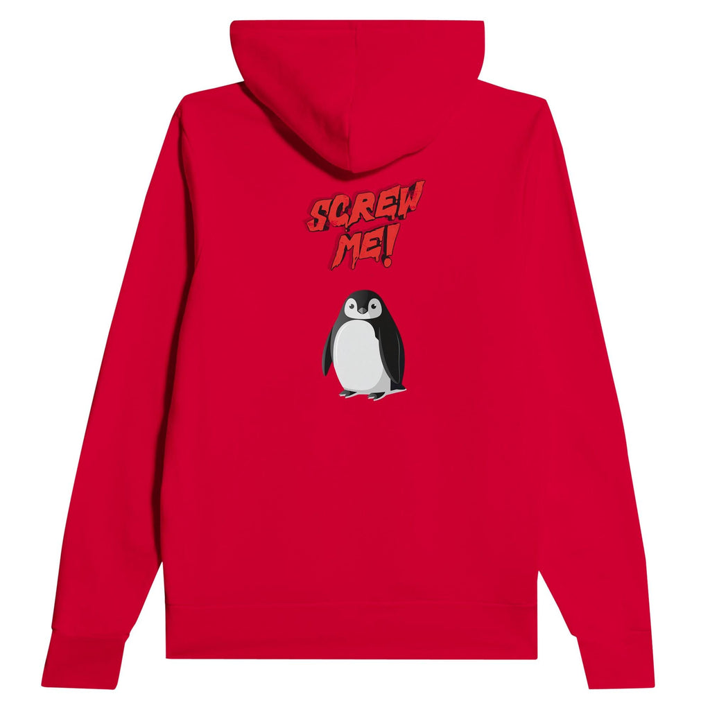 Red unisex hoodie by flyliving with a penguin and 'SCREW ME!' text, shown from the back.