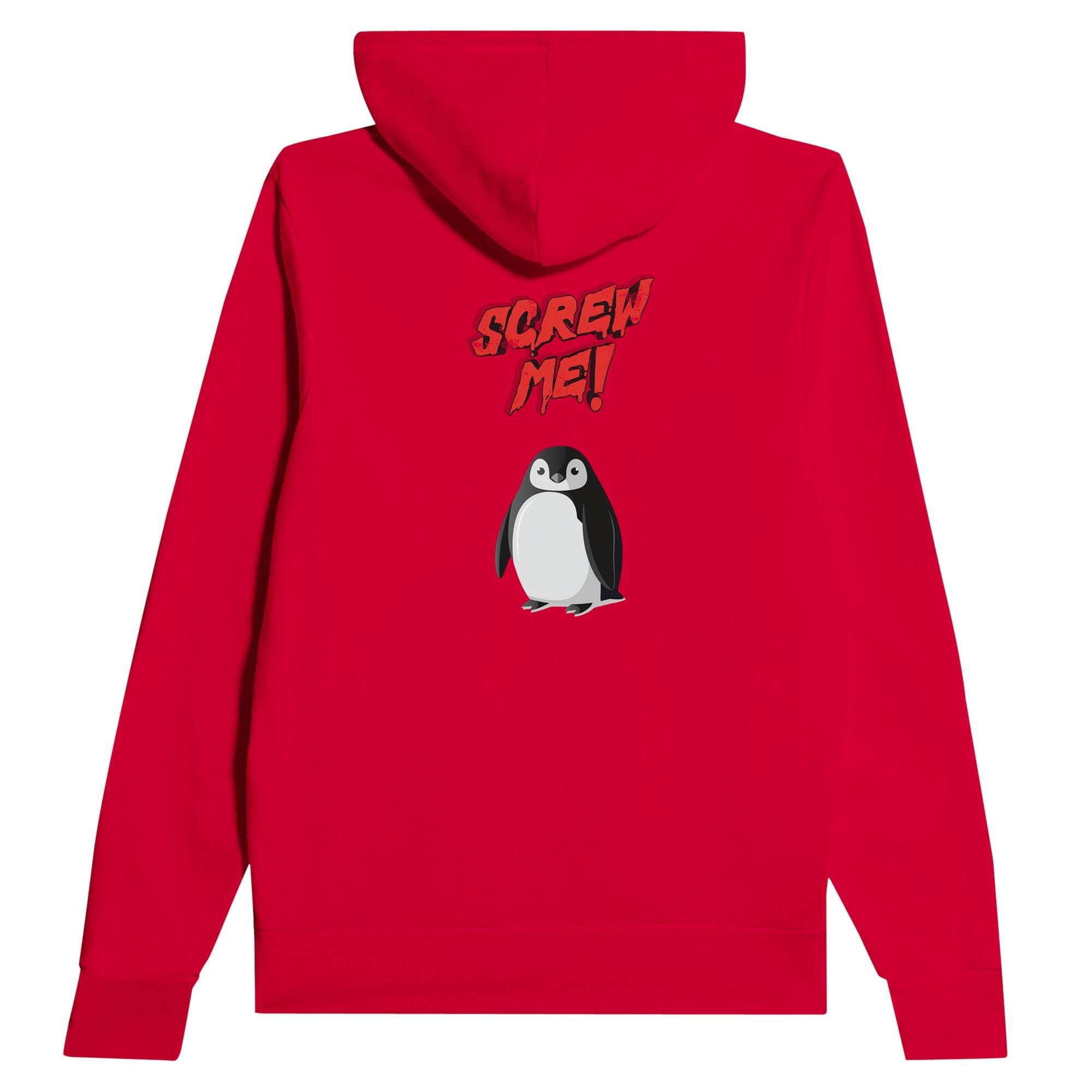 Red unisex hoodie by flyliving with a penguin and 'SCREW ME!' text, shown from the back.