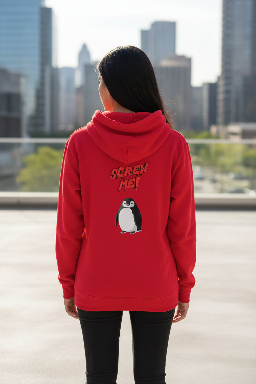 Red unisex sponge-fleece hoodie by flyliving, with 'SCREW ME!' text and a penguin graphic on the back, worn by a model.