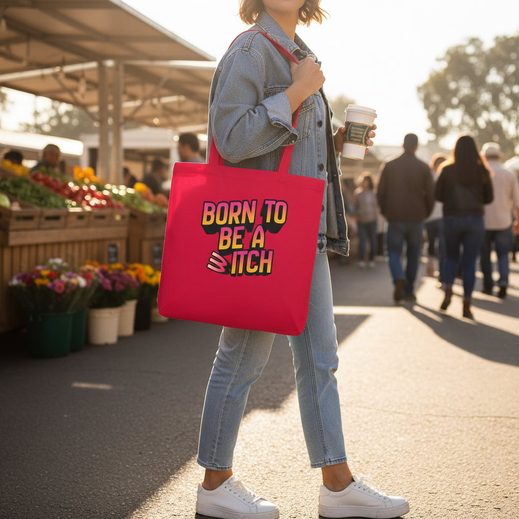 Rote Umhängetasche "Born to be a b/witch" von flyliving, mit Aufdruck und Henkeln, im Lifestyle-Bild mit Jeansjacke und weißen Schuhen.
