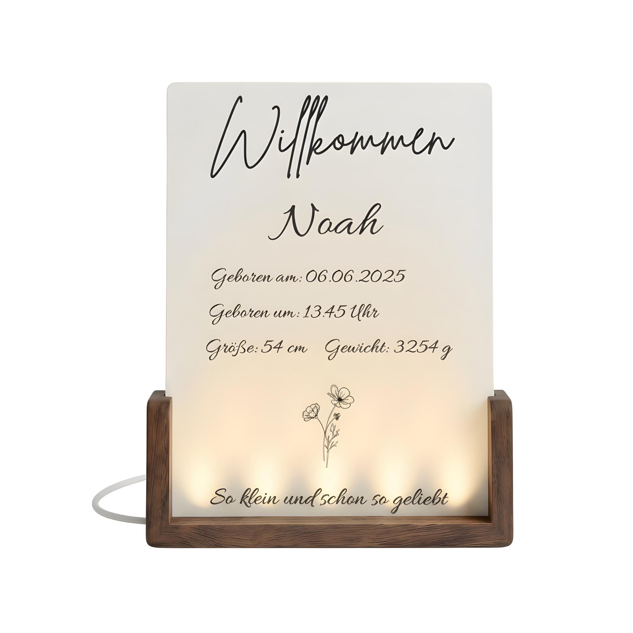 Personalisierter LED-Bilderrahmen zur Geburt – Nachtlicht mit Namen & Geburtsdaten aus Acryl und Holz, Geschenk zur Geburt and Taufe fürs Ba